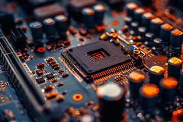 Aufkleber - Close-up view of a computer motherboard showcasing intricate circuitry and components illuminated by colorful LED lighting at night