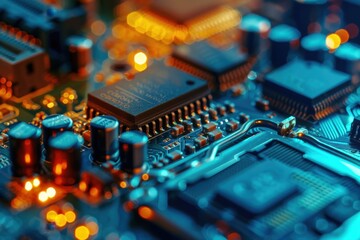 Aufkleber - Close-up view of a computer motherboard showcasing intricate circuitry and components illuminated by colorful LED lighting at night