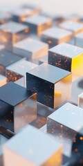 Poster - A close up of a bunch of cubes with a yellow light shining on them. The cubes are all different sizes and are arranged in a way that creates a sense of depth and dimension. Scene is one of creativity