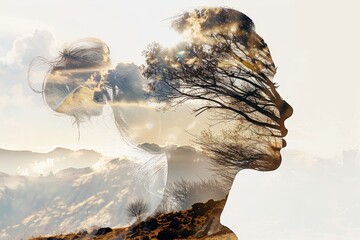 Aufkleber - Artistic blend of nature and silhouette showcasing a woman's profile against a serene landscape at sunset in a tranquil setting