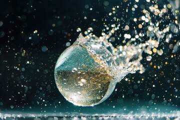 Fototapete - Colorful bubble bursting with water droplets and shimmering glitter in a dark background creating a dynamic visual effect