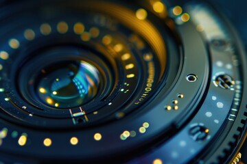 Poster - Close-up view capturing intricate details of a camera lens showcasing light reflections, textures, and metal components during a creative photography session