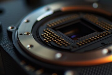 Poster - Close-up view capturing intricate details of a camera lens showcasing light reflections, textures, and metal components during a creative photography session