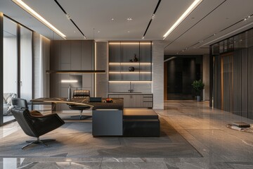 Aufkleber - Modern executive office with sleek furniture and city skyline view during bright daytime
