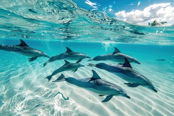 Poster - Group of dolphins swimming gracefully in clear turquoise waters near a sandy ocean floor during a sunny day