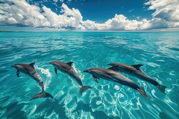 Poster - Group of dolphins swimming gracefully in clear turquoise waters near a sandy ocean floor during a sunny day