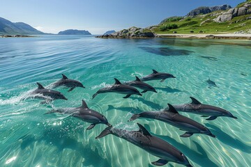 Poster - Group of dolphins swimming gracefully in clear turquoise waters near a sandy ocean floor during a sunny day