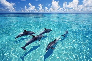 Poster - Group of dolphins swimming gracefully in clear turquoise waters near a sandy ocean floor during a sunny day