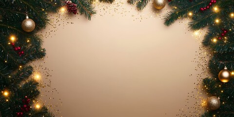 Wall Mural - Christmas background with festive decorative decoration elements. Christmas tree branches with lights ornament balls. Christmas New Year border, xmas frame, Holiday banner and poster
