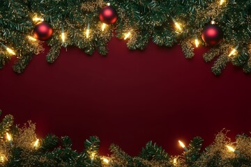 Wall Mural - Christmas background with festive decorative decoration elements. Christmas tree branches with lights ornament balls. Christmas New Year border, xmas frame, Holiday banner and poster