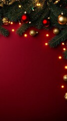 Wall Mural - Christmas background with festive decorative decoration elements. Christmas tree branches with lights ornament balls. Christmas New Year border, xmas frame, Holiday banner and poster