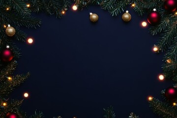 Wall Mural - Christmas background with festive decorative decoration elements. Christmas tree branches with lights ornament balls. Christmas New Year border, xmas frame, Holiday banner and poster