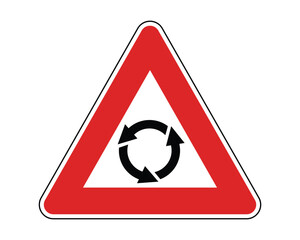 Wall Mural - Caution Sign for Roundabout Intersection, Featuring Red Triangle with Black Circular Arrows, Alerting Drivers to Upcoming Roundabout, Available as a Vector File