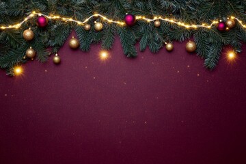 Wall Mural - Christmas background with festive decorative decoration elements. Christmas tree branches with lights ornament balls. Christmas New Year border, xmas frame, Holiday banner and poster