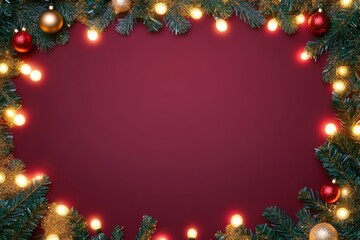 Wall Mural - Christmas background with festive decorative decoration elements. Christmas tree branches with lights ornament balls. Christmas New Year border, xmas frame, Holiday banner and poster