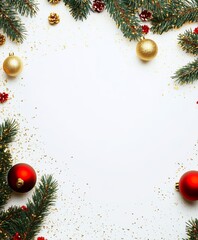Wall Mural - Christmas background with festive decorative decoration elements. Christmas tree branches with lights ornament balls. Christmas New Year border, xmas frame, Holiday banner and poster