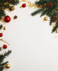 Wall Mural - Christmas background with festive decorative decoration elements. Christmas tree branches with lights ornament balls. Christmas New Year border, xmas frame, Holiday banner and poster