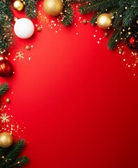 Wall Mural - Christmas background with festive decorative decoration elements. Christmas tree branches with lights ornament balls. Christmas New Year border, xmas frame, Holiday banner and poster