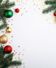 Wall Mural - Christmas background with festive decorative decoration elements. Christmas tree branches with lights ornament balls. Christmas New Year border, xmas frame, Holiday banner and poster