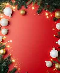 Wall Mural - Christmas background with festive decorative decoration elements. Christmas tree branches with lights ornament balls. Christmas New Year border, xmas frame, Holiday banner and poster