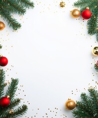 Wall Mural - Christmas background with festive decorative decoration elements. Christmas tree branches with lights ornament balls. Christmas New Year border, xmas frame, Holiday banner and poster