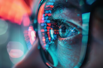 Leinwandbilder - Close-up view of an eye reflecting digital data and vibrant lights in a futuristic setting during nighttime, showcasing technology and modernity