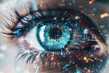 Leinwandbilder - Close-up view of an eye reflecting digital data and vibrant lights in a futuristic setting during nighttime, showcasing technology and modernity