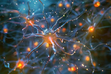 Poster - Neurons glowing with activity in a close-up view showcasing intricate connections within a network in a scientific environment