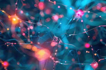 Poster - Neurons glowing with activity in a close-up view showcasing intricate connections within a network in a scientific environment