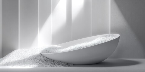 Poster - White grains spill from a curved bowl onto a smooth surface illuminated by gentle light