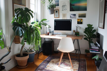 Poster - Cozy home office with plants and modern decor in bright natural light during the afternoon