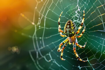 Poster - Colorful spider weaving a web in a natural setting during the late afternoon light