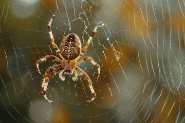 Poster - Colorful spider weaving a web in a natural setting during the late afternoon light