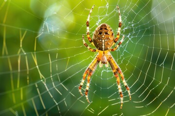 Poster - Colorful spider weaving a web in a natural setting during the late afternoon light
