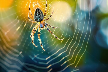 Poster - Colorful spider weaving a web in a natural setting during the late afternoon light