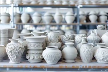 Poster - Various handcrafted ceramic vases displayed on shelves in a pottery studio in the late afternoon light inviting creativity and craftsmanship