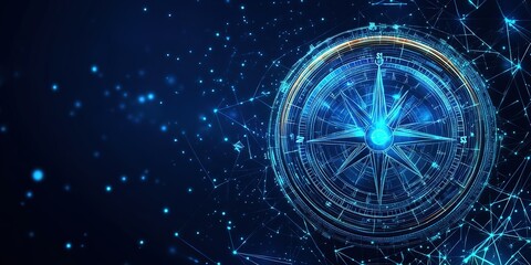Poster - Navigating through digital realms with a glowing compass in a starry blue landscape