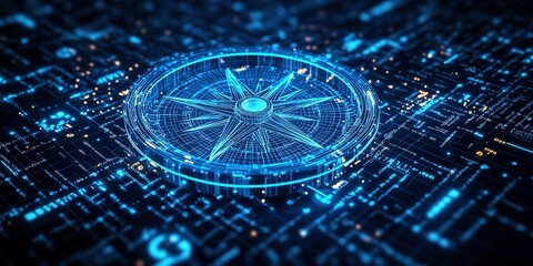 Poster - Navigating digital landscapes with a glowing compass on a high-tech interface