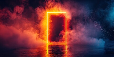 Wall Mural - Vibrant glowing doorway emerges from colorful fog in a surreal landscape