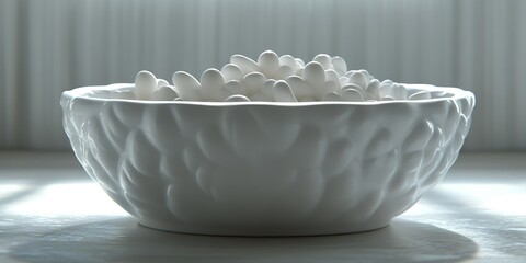 Poster - White decorative bowl filled with small white objects against a soft background in bright natural light