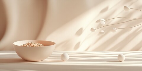 Poster - Soft shadows and minimalism in a serene composition with a bowl of seeds and decorative elements