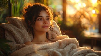 Poster - A woman sits comfortably wrapped in a soft blanket, basking in warm sunlight that filters through lush greenery. The atmosphere exudes tranquility and comfort.
