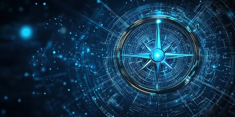 Poster - compass design with futuristic digital elements creating a sense of navigation and exploration in a 