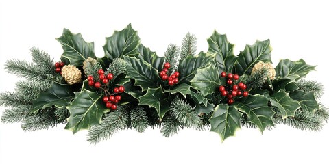 Wall Mural - Holiday decoration featuring lush greenery and red berries arranged beautifully for festive celebrations