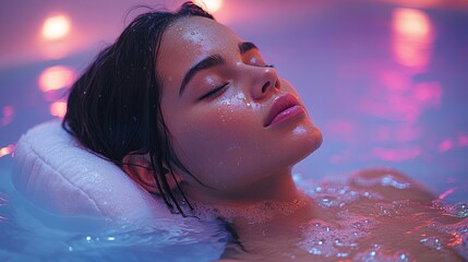 Poster - A young woman enjoys a moment of tranquility while soaking in a spa pool, surrounded by soft lighting and the soothing presence of water. Her expression reflects peace.