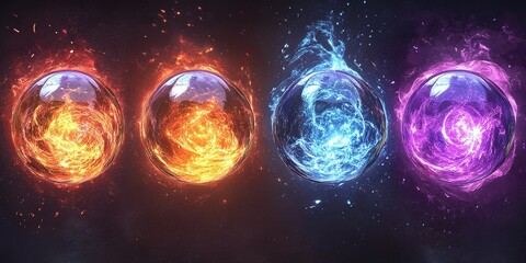 Poster - Colorful spheres of energy representing fire, water, earth, and air elements in a digital art composition