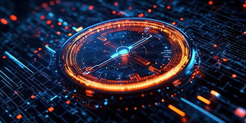 Poster - digital clock design with glowing orange and blue elements set against a futuristic background showc