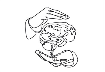 one continuous single line of hands hold brain. world mental health day is observed every year on oc