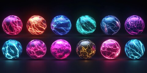 Poster - Colorful glowing spheres with electric patterns arranged in a grid on a dark background