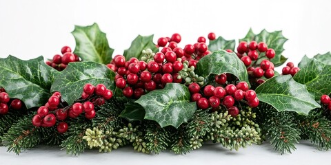 Wall Mural - Vibrant holiday greenery with red berries and evergreen foliage in a festive arrangement